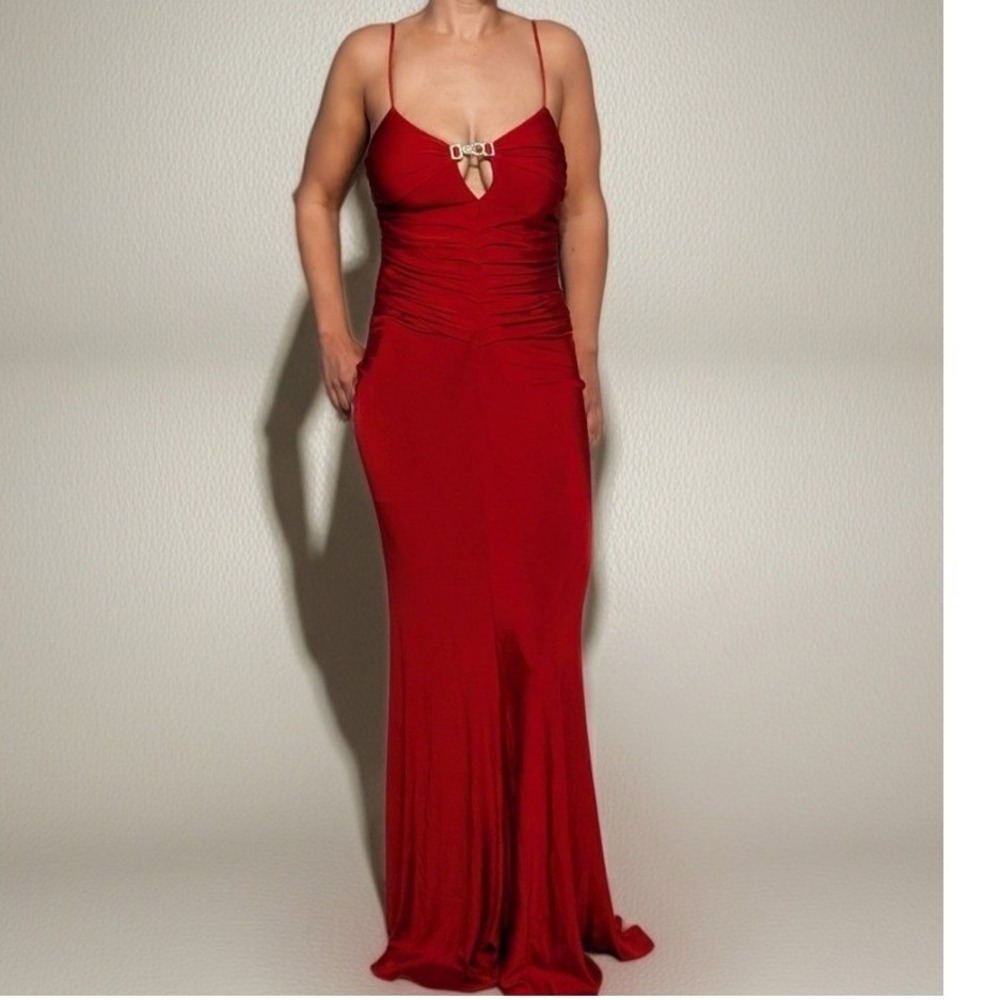 Iceberg Red Ruched Maxi‎ Gown Crystal Buckle Plunging Made in Italy IT 44 Formal